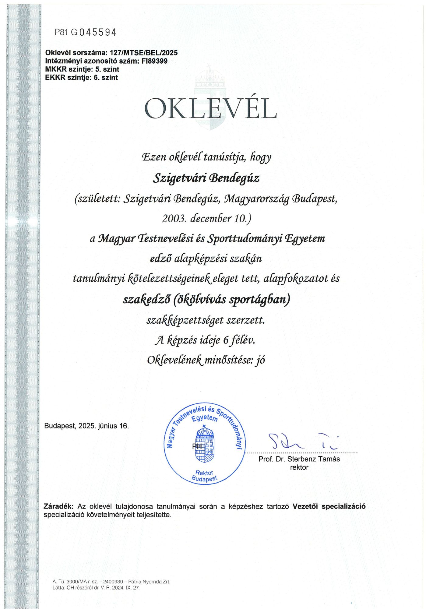 Szigetvári Bendegúz ökölvívás szakedző diploma